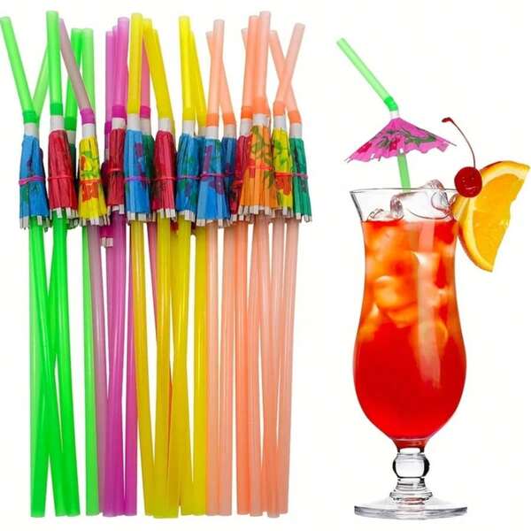 10/20/30/40/50/100/200pcs Reusable Hawaiian Party Style Cocktail Straws, Suitable For Home Bar Summer Decor, Great For Beach, Hawaiian, Luau Party, Bar And Decor Suppliers - Plastic Material (Random Color, Random Pattern)