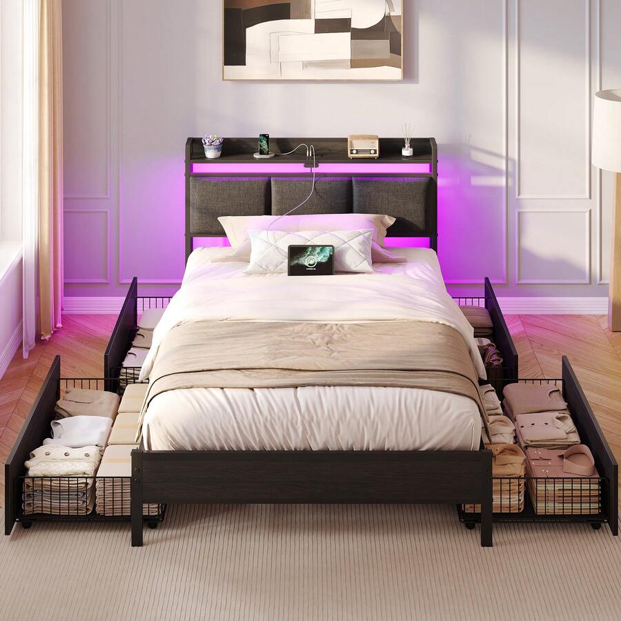 GREENSTELL Bed Frame Twin Size With Charging Station And LED Lights, Upholstered Storage Headboard With Drawers, Heavy Duty Metal Slats, No Box Spring Needed, Noise Free, Easy Assembly, Bedroom Deroc - Dark Grey - View 1