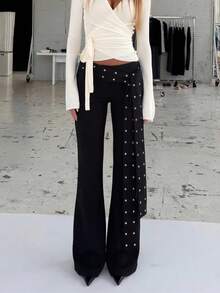Versatile Zipper Solid Color Low-Waist Flare Pants, Stretchy Trousers Spring Black - Black - View 7