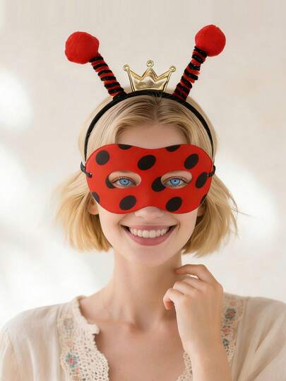Women's Crown Ladybug Antennae Headband & Eye Mask Set, Adult Party Cosplay Props, Women's Birthday Party Insect Headband, Plush Antennae Headband, Red & Black Polka Dot Eye Mask, Holiday Stage Performance Props, Party Costume Headpiece