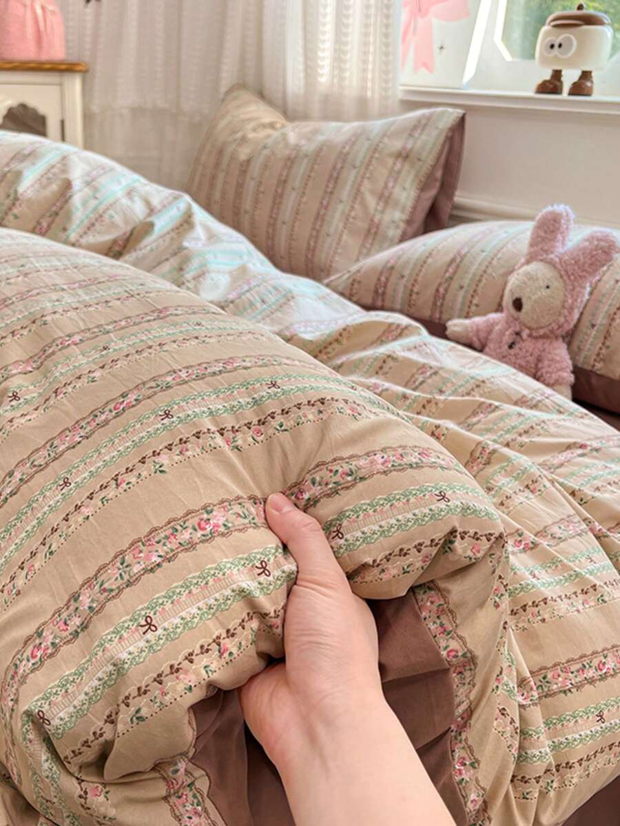 3件套100%涤纶复古格子印花被套套装，2个枕套+1个被套（不含床单）