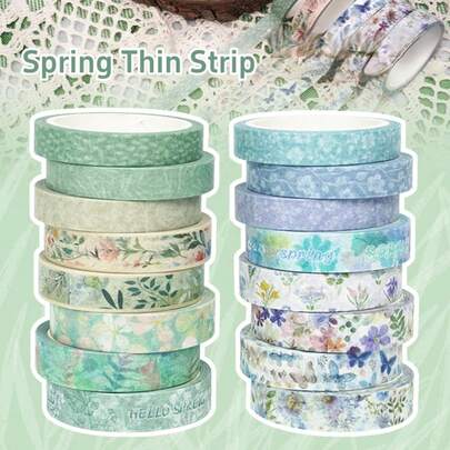 Bộ băng dính Washi mùa xuân 16 cuộn, in hình hoa, màu xanh lá cây, dùng để trang trí, làm đồ thủ công, sổ tay, sổ lưu niệm, gói quà.
