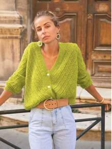 Women's Neon Green Single-Breasted Long Sleeve Knitted Cardigan, Autumn/Winter - Fluorescent Yellow-green - View 3