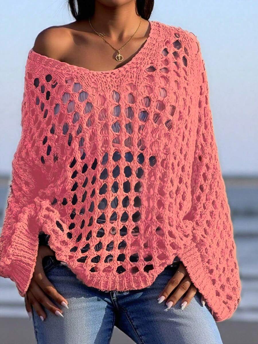 Summer Vacation Hollow Out Loose Knit Sweater Pink - Pink - View 1