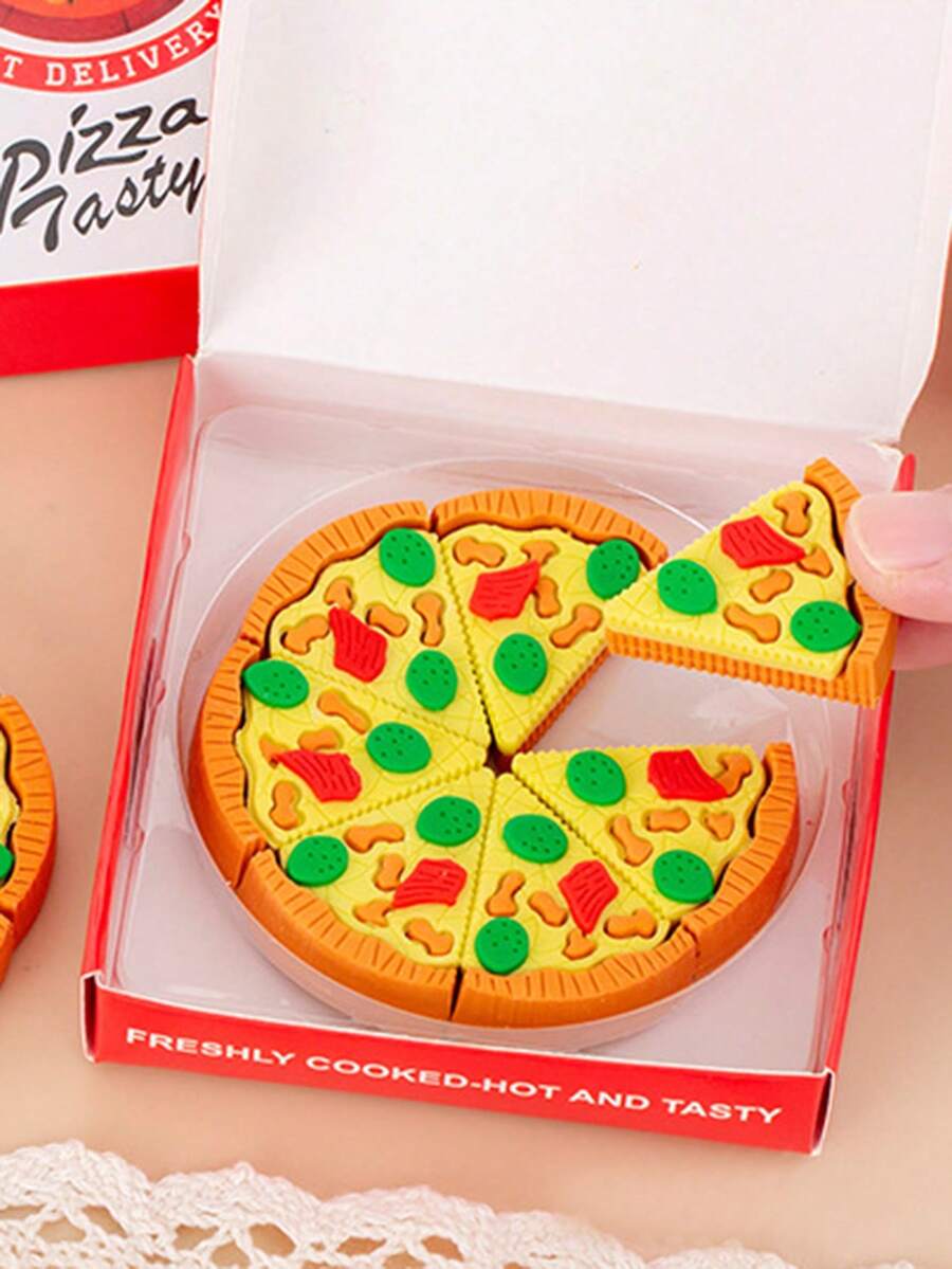 1 Set Of Simulation Box Pizza Shaped Eraser Cartoon Creative Assembly Design Student Stationery One Box Has Seven Small Pieces Suitable As A Small Prize For Students - Pizza Eraser - View 1