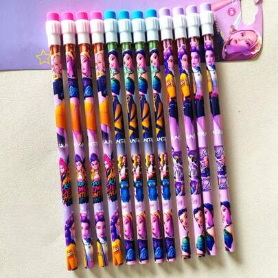 K-Pop-- 12pcs Team Hunters K-Pop 2026 Demon-Hunting Girl Group Piece Large Eraser-Tipped Pencils, Cartoon K-POP Study Pencils, K-Pop Stationery,---- Team Hunters Suitable For Fan Gatherings, Birthday Parties, And Other Occasions, Creating Exclusive Joyful Decorations --Children's Holiday Gifts Children's Holiday Gifts(Random Style)