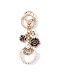 1 pieza Elegante llavero de mujer con aro de perlas, flor y corazón de cristal de lujo, accesorio de alta gama para bolso o coche - Blanco y Negro - Ver 5