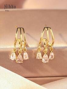 Hihho 一对时尚个性化闪亮微镶水滴方形吊坠耳环，优雅奢华，是送给朋友的理想礼物 - 金黃色 - 查看 4