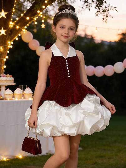 Girls' Vintage Elegant Burgundy Velvet Collar Ruched Bow Tie Dress, Suitable For Prom, Birthday Party, Banquet, Christmas, Wedding, Autumn/Winter