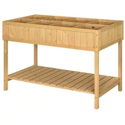 Planting Table, Raised Bed, Planting Table, Flower Box, Seedling Table, 8 Compartments With Drainage, Shelf, Solid Fir Wood, Natural Wood, 110 X 46 X 76 Cm