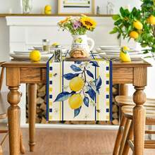 Taplak Meja Musim Panas Motif Pohon Lemon & Lebah, Dekorasi Meja Dapur dan Ruang Makan Musiman untuk Pesta di Rumah dan Dalam Ruangan - Biru - View 10