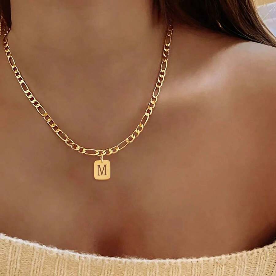 1 chiếc dây chuyền mặt chữ bằng thép không gỉ mạ vàng cổ điển dành cho nữ, kèm dây NK. - Vàng - Xem 1