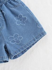 2pcs/Set Toddler Girls' Outdoor Casual Cute Floral Sleeveless Top & Fashionable Denim Shorts Set - Medium Wash - View 7