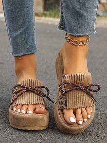 2026新款仙女风厚底沙滩拖鞋，时尚单带凉拖，孕妇可搭配连衣裙穿着 - 卡其色 - 查看 4