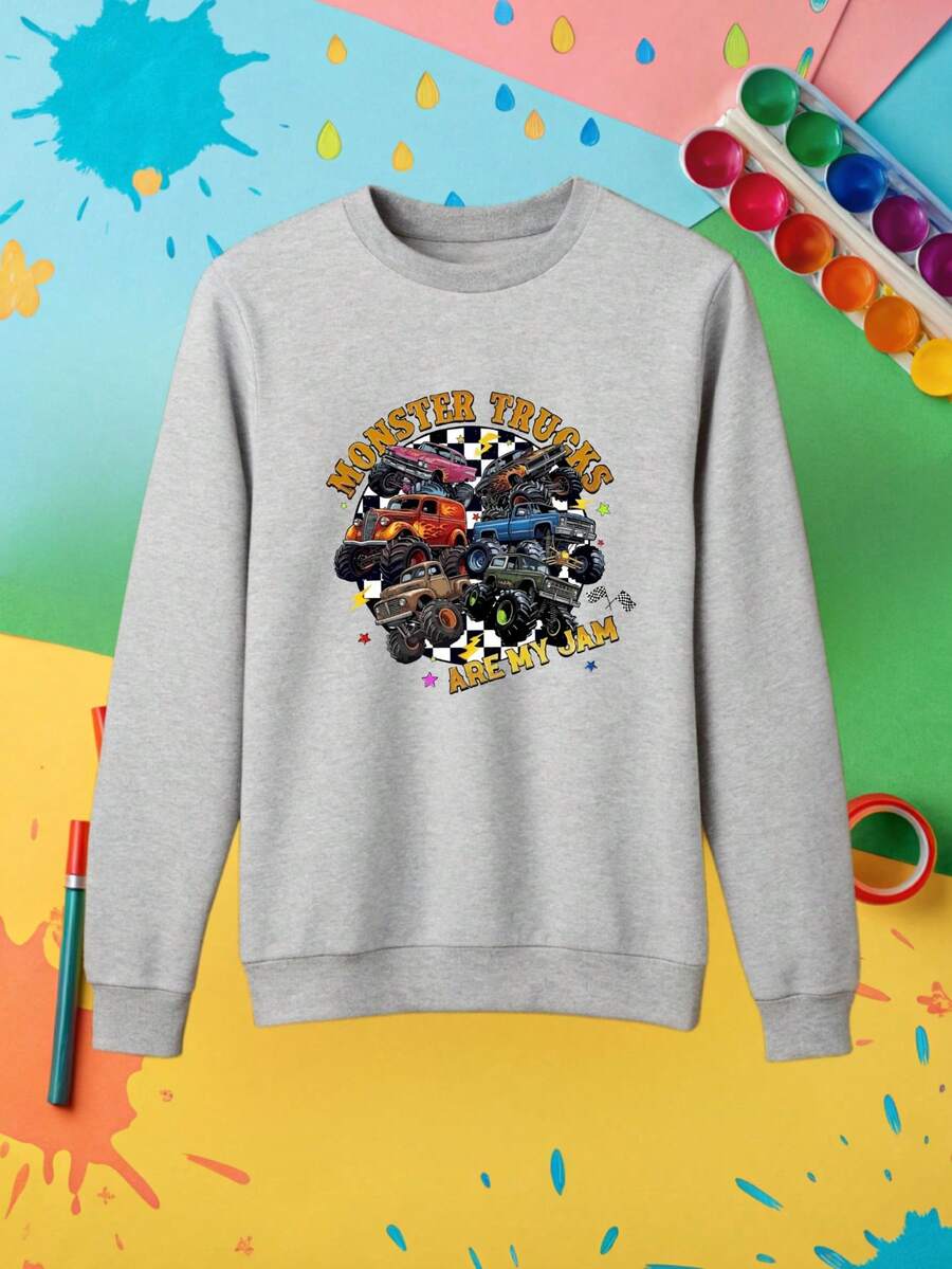 Monster Trucks Are My Jam T-Shirt, Boys Monster Truck Shirt, Toddler Boy Cars Tee, Monster Truck Lover Gift, Retro Checkered Youth Boys Sweater OC-3199 - 灰色 - 查看 1