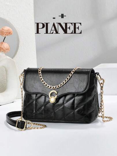 Vintage schwarz gewaschene gesteppte Kettentasche, C-förmiges Metallschloss, verstellbarer Riemen, Nischendesign Damenhandtasche