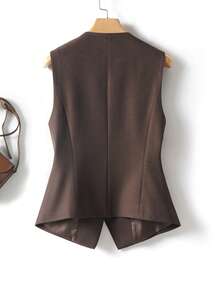Top sin mangas de unicolor - Chaqueta de punto ajustada de primavera/otoño para mujer, blusa casual de patchwork - Café integral - Ver 2