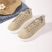 女士休闲厚底运动鞋，系带低帮舒适步行鞋，时尚日常休闲鞋 - 杏色 - 查看 11