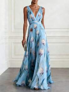 Women's Sleeveless V-Neck Chiffon Dress Women's Graduation Season Adult Ceremony Mother's Day Gift Sky Blue Vacation New Tulip Printed Evening Dress - 天藍色 - 查看 5