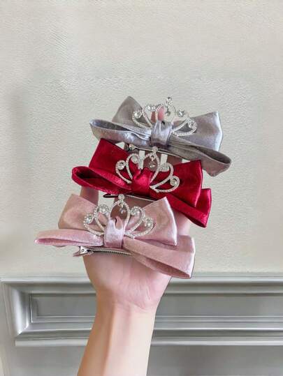3pcs Set Premium Crown & Bow Hair Clips, Princess Design With Water Element And Duck Mouth Style, Fashionable Crown Bow Crystal Hair Clips