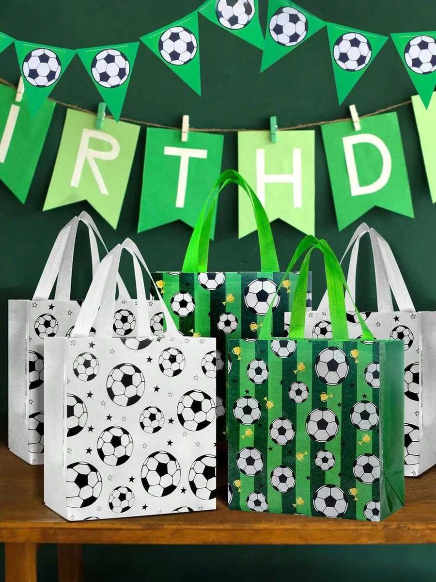 6 piezas Bolsas de regalo con tema de fútbol, bolsas de tela no tejida reutilizables para dulces/snacks con asas, adecuadas para fiestas de equipos de fútbol, regalos de cumpleaños - Patrón de fútbol - Ver 1