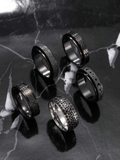 5 قطع مجموعة خواتم رجالية من الفولاذ المقاوم للصدأ باللون الأسود، تتضمن نجمة وقمر وعملة نحاسية وعناصر مطفأة، مناسبة للارتداء اليومي، تساعد على تخفيف القلق