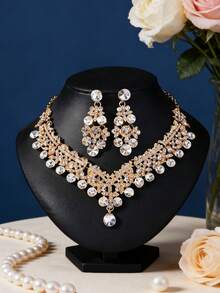 1 Set Gold Crystal Wedding Necklace Set, Bridal Queen Royal Pageant Jewelry - Gold - View 6