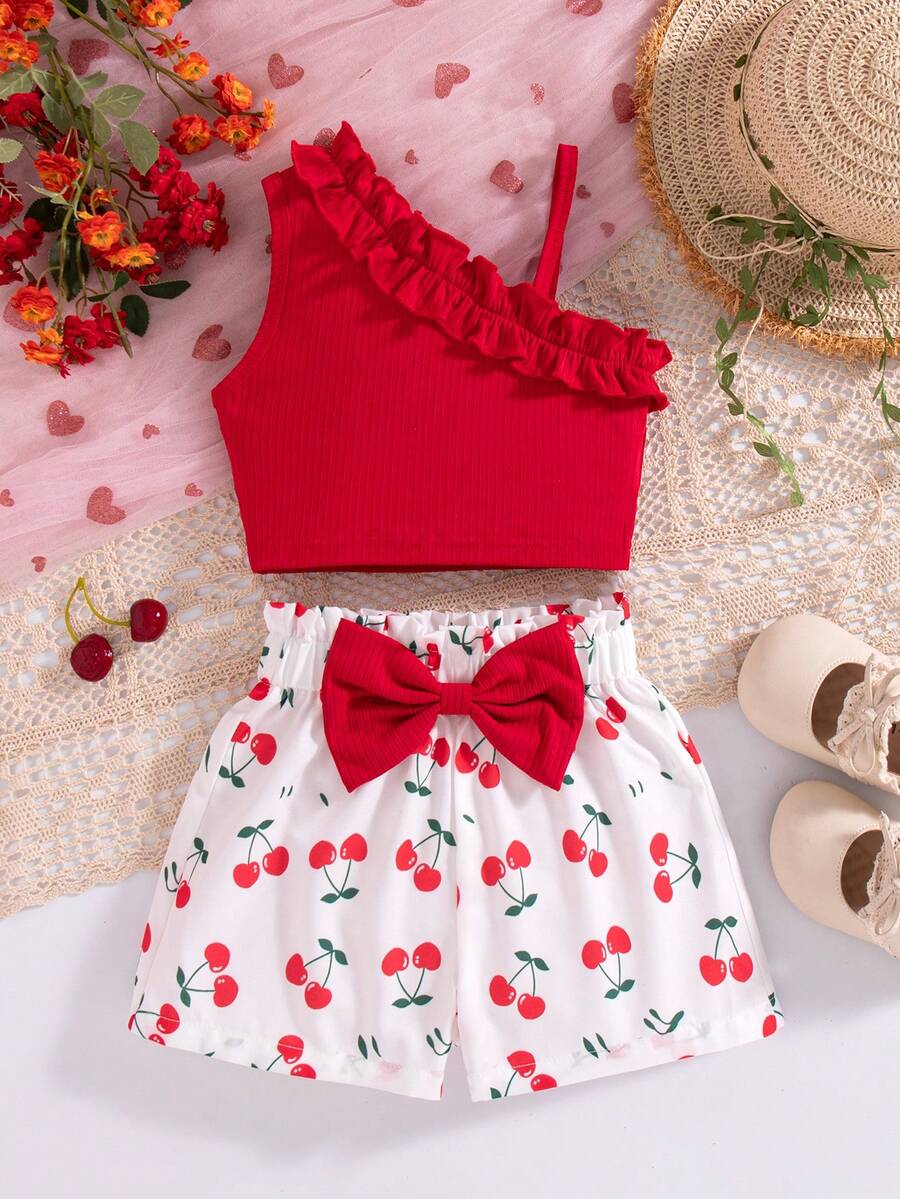 Bộ đồ cho bé gái gồm áo hai dây không tay viền bèo nhún và quần short in hoa hướng dương thắt nơ. - Đỏ và trắng - Xem 1
