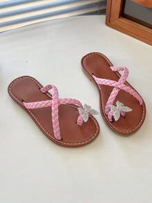 1双粉色编织亮片蝴蝶女童凉鞋，防滑橡胶软底，圆头套脚设计，适合3-15岁女孩，休闲、旅行、日常穿着，2026春夏新款 - 粉色 - 查看 5