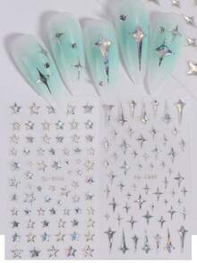 2pcs 5D Embossed Holographic Star Nail Stickers, Laser Silver 3D Star Nail Art Decals, Self-Adhesive Manicure Decorations - Silver - View 4