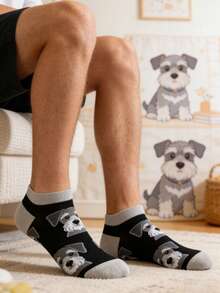 1双男士黑灰撞色卡通雪纳瑞图案袜子，四季皆宜的休闲袜 - 彩色 - 查看 3