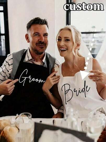 1pc Customizable Apron With Text, Groom & Bride Black And White Apron Set, Minimalist Style Apron, Covering For Newlyweds' First Meal On Wedding Day, Bridal Shower, Bachelorette Party, Newlywed Couple Gift, Customizable Photo Apron, Personalized Fun Kitchen Apron, Customized Apron, Embroidered Apron, Apron With Name, Customized Name Apron, Personalized Apron, Chef Apron, Modern Oil-Resistant Polyester Apron