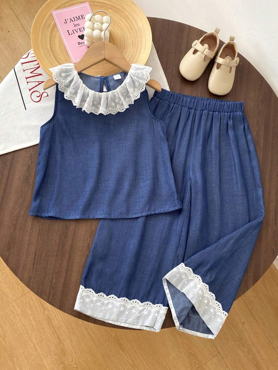 Bộ 2 món cho bé gái, áo kiểu bèo nhún và quần ống rộng, trang phục mùa hè ngọt ngào cho bé gái. - Màu xanh hải quân - Xem 1