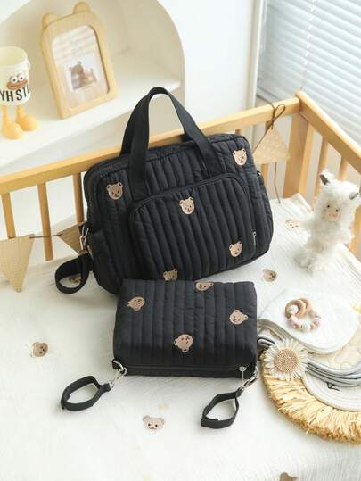 黒色刺繍ベアデザイン マザーズバッグ トートバッグ、キルティング ベビーバッグ オムツ替え袋 男女兼用、ベビーカー収納 おむつバッグ 外出用、新生児必需品