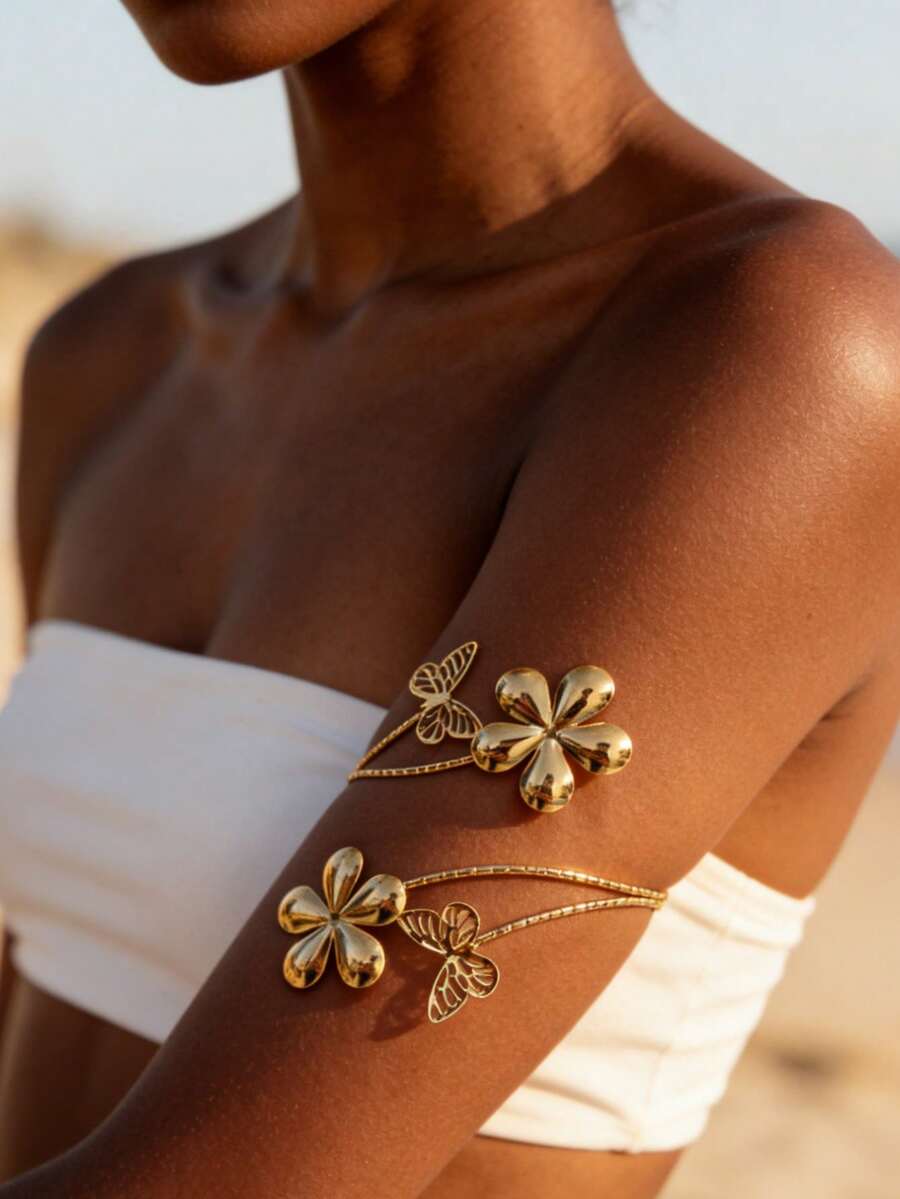 1pc Women's Hollow Flower & Butterfly Openwork Arm Cuff - Golden Yellow - View 1