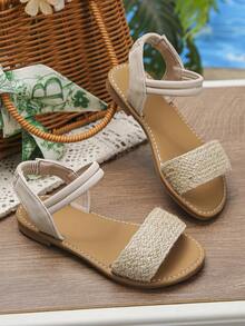 1双女童杏色平底凉鞋，夏季透气休闲度假沙滩鞋，编织绳凉鞋，软底日常凉鞋 - 杏色 - 查看 4