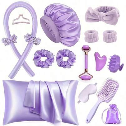 17/14/8/7/3 piezas Juego de herramientas para peinado mientras duerme, incluye rizado sin calor, 2 masajeadores faciales, 1 cepillo de masaje del cuero cabelludo, diadema, 2 muñequeras, cuidado nocturno y cuidado de la piel, adecuado para el conjunto de la reina beige, conjunto de rizado sin calor, rizado nocturno, gorro para dormir, 1 antifaz para dormir y 1 almohada con gorro para dormir, herramienta de rodillo facial para el cuidado de la piel de las mujeres, 1 peine hueco, regalo pensado para amigos o el Día de la Madre, bodas y diversas festividades