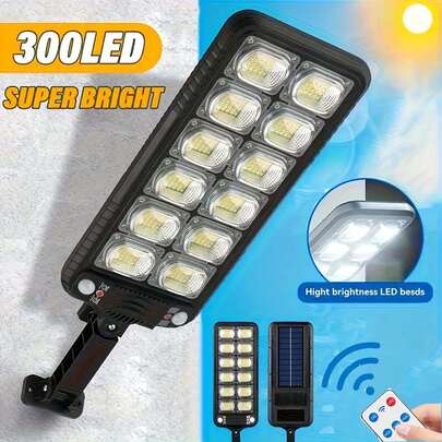 1 pieza Luz solar de pared con sensor de movimiento de 300 LED, 3 modos de iluminación, ángulo ajustable de 270°, batería recargable incorporada de 1500mAh 18650, panel solar de carga + control remoto, luz nocturna de alta luminosidad con función de proyección, adecuada para jardín/patio/camino/villa, regalo de decoración festiva, aplicable para el Día de San Valentín, Halloween, Eid Al-Fitr, Día de la Madre, Vuelta al Colegio, Navidad, regalos de Halloween