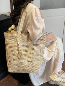 新款纯色编织耐用轻便便携经典休闲时尚多功能舒适大容量手提包，适合购物、旅行、度假及各种场合。 - 彩色 - 查看 3