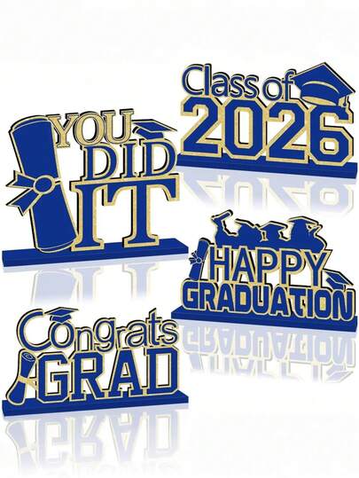 4-Piece Set: Blue And Gold Graduation Decorations For The Class Of 2026 – Congratulations To The Graduates! Wooden Table Centerpieces, Graduation Table Decorations, Graduation Ceremony Centerpieces, "Celebrate Graduation" Table Signs, "You Did It!" – Perfect For 2026 Graduation Party Favors