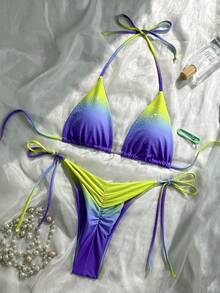 夏季性感时尚渐变水钻吊坠挂脖比基尼两件套，适合海滩、度假、游泳、邮轮等场合 - 藍綠色 - 查看 4