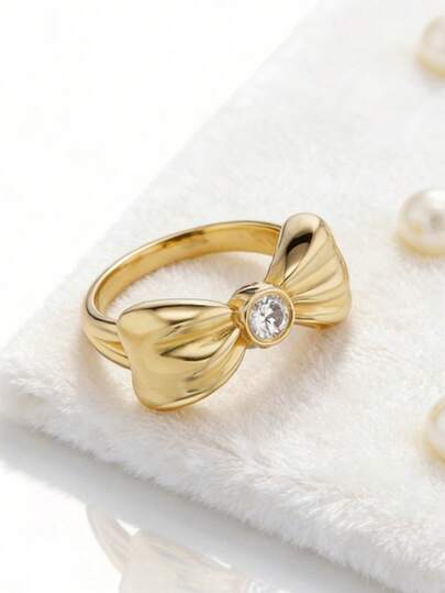 Women's Gold Bowknot Ring, Delicate Cubic Zirconia Accented Fashion Ring, Minimalist Cute Daily Wear Promise Ring Gift