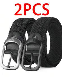两件套时尚女士休闲百搭编织弹力腰带 - 无需打孔，适合户外运动爱好者和日常休闲穿着，可搭配裤子和牛仔裤，男女皆宜 - 銀扣黑色+黑扣黑色 - 查看 6