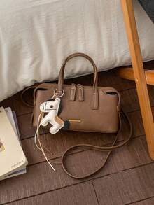 1pc Fashion New Women's Elegant Handbag, Shoulder Crossbody Bucket Bag, Minimalist Retro Solid Color PU Pleated Texture Metal Decor Double Zipper Closure With Personalized Pendant, Suitable For Travel, Shopping, Dating - Brown - View 5