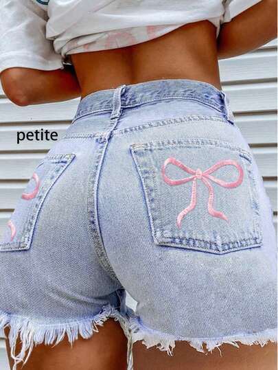 Quần short denim xanh thời trang Y2K dáng casual, gợi cảm, thích hợp cho kỳ nghỉ hè, lễ hội âm nhạc, có túi, thêu hình bướm, phù hợp cho mùa xuân và hè.