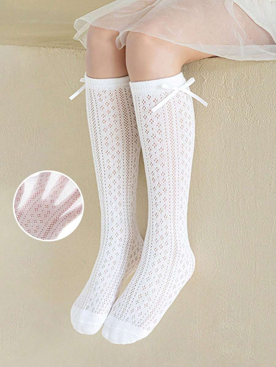 1双女童薄款蝴蝶结船袜，白色网眼长袜，适合搭配连衣裙，春夏款 - 白色 - 查看 1