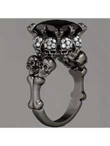 个性化朋克骷髅复古哥特风戒指，男女皆宜，黑色锆石饰品，适合万圣节，女士简约黑色戒指配饰 - 黑色 - 查看 6