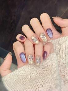 10pcs Handmade Nails Oval Nails Acrylic Press On Nails Short, Gentle Nude,Purple Nails, Flashy Cateye, Handpainted Simple Flower Butterfly, Edgy Elegant Simple Spring Fake Nails, Summer Nails, Party Daily & Dating Use Beach Tropical Getaway Suitable,DIY False Nail Art Suitable For Women & Girls As Gift Nail Supplies - Purple - View 2