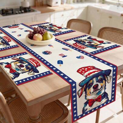 1 pièce Chemin de table avec motif de chien pour le Jour de l'Indépendance américaine, style américain, convient pour la décoration quotidienne de la cuisine à la maison, 1 pièce Chemin de table, 4 pièces Sets de sets de table, 1 pièce Housse de coussin, Ensemble de chemin de table et sets de table, Plusieurs combinaisons de produits disponibles, Décoration d'intérieur, Fournitures de fête d'intérieur/extérieur, Décoration de pièce
