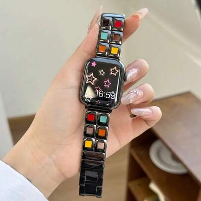 1条女士可爱彩虹表带，兼容 Series 11/10/9/8/7/6/5/4/SE，时尚金属表带，适用于 42mm/46mm/41mm/45mm/40mm/44mm/38mm/49mm，时尚智能手表表带配件
